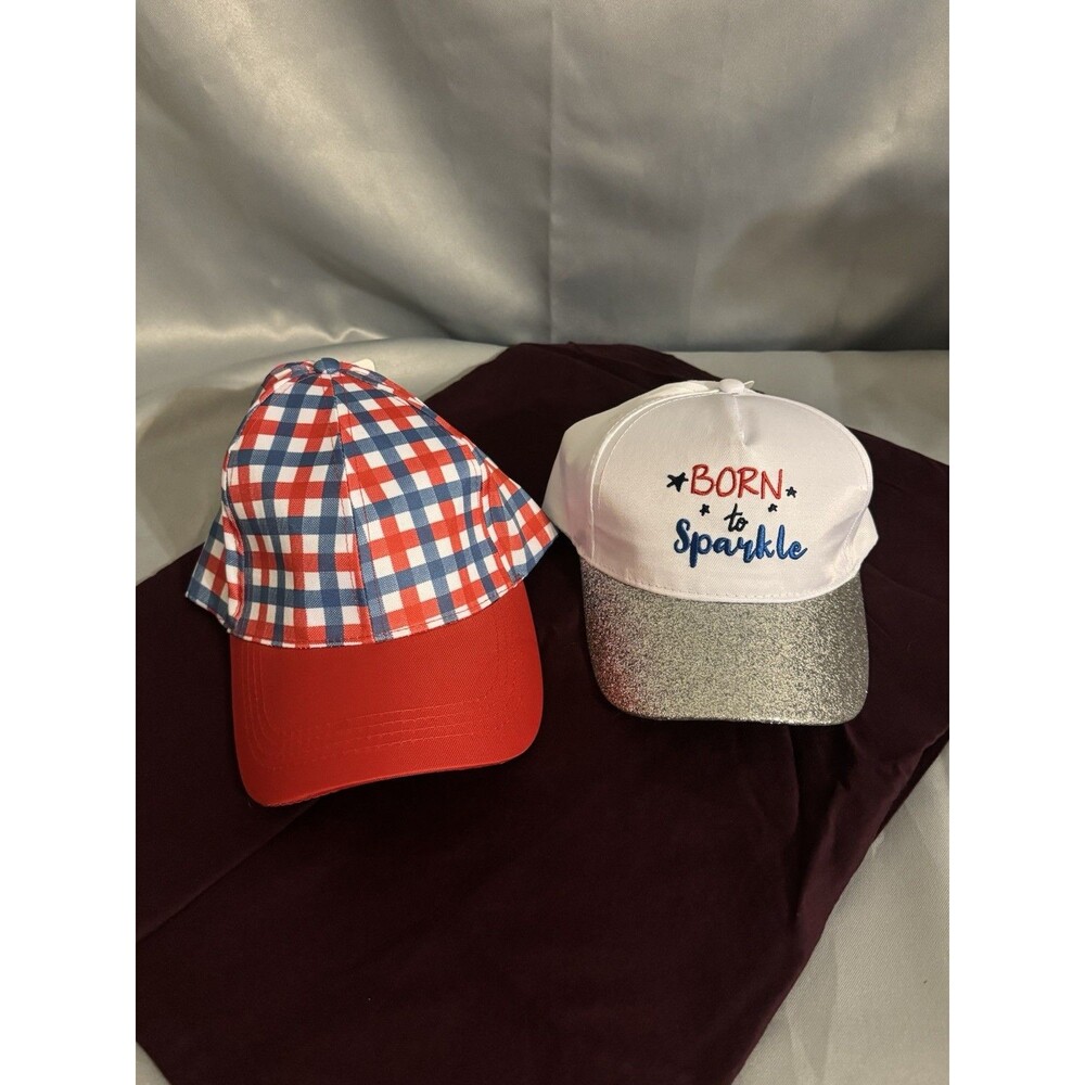 2 Celebrate America Ball Caps~Red, Whi & Blu, Adult Size&Born to Spark~Kids Size